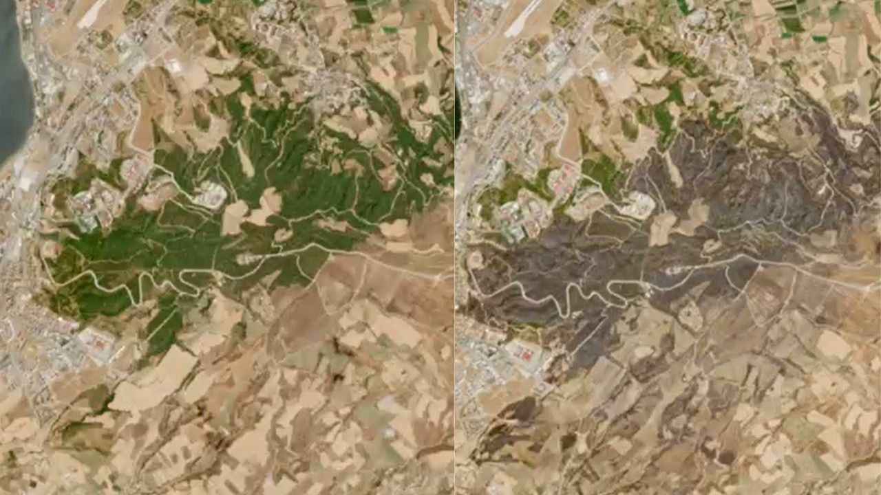 Çanakkale'deki yangın felaketinin zararı uydudan görüntülendi