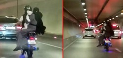 Avrasya Tüneli'nde şoke eden görüntü! 1'i bebek 3 kişinin motosikletteki tehlikeli yolculuğu kameraya böyle yansıdı