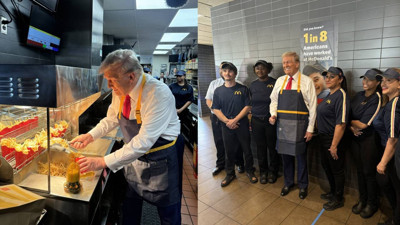 Donald Trump hamburgercide çalıştı! Önlük giyip patates kızarttı