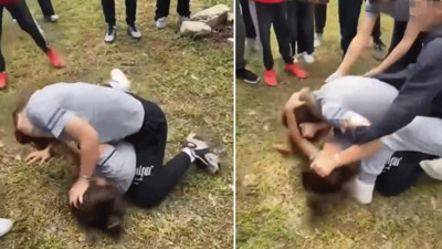 İzmir'de akılalmaz görüntü! İki kız öğrenci öldüresiye kavga ederken, diğer öğrenciler kavgayı telefonla kayda alıp türkü söyledi