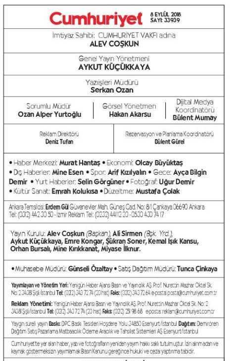 İşte, Cumhuriyet gazetesinin yeni künyesi!