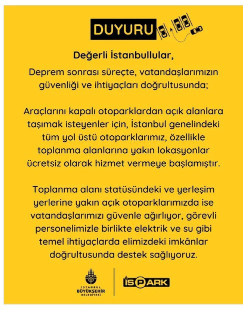İstanbul depremi sonrası İSPARK otoparkları ücretsiz