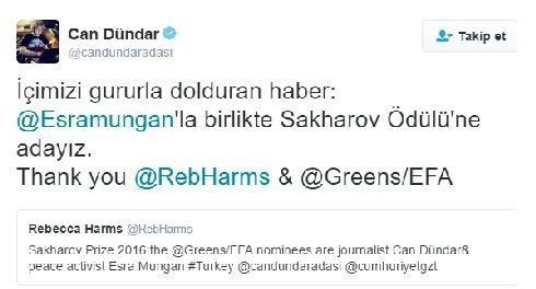 Esra Mungan ve Can Dündar Sakharov Ödülü'ne aday