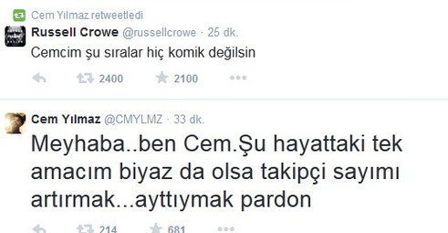Russell Crowe'dan Cem Yılmaz'a: 'Cemcim şu sıralar hiç komik değilsin'