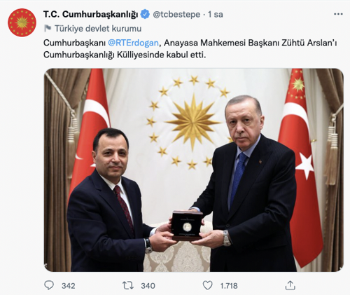 Cumhurbaşkanı Erdoğan, Anayasa Mahkemesi Başkanı Zühtü Arslan'ı kabul etti