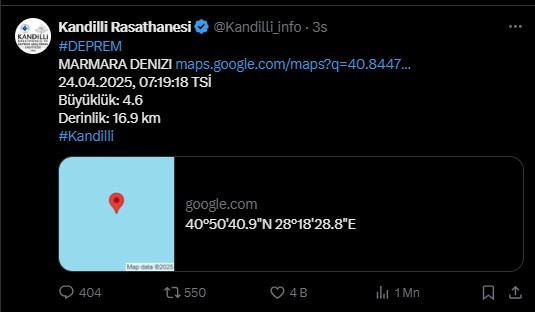 İstanbul’da hissedilen bir deprem daha oldu. AFAD depremin büyüklüğünü 4.1, Kandilli Rasathanesi 4.6 olarak açıkladı