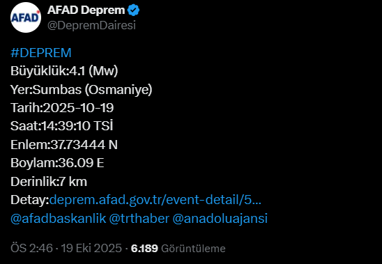 AFAD duyurdu! Osmaniye'de deprem