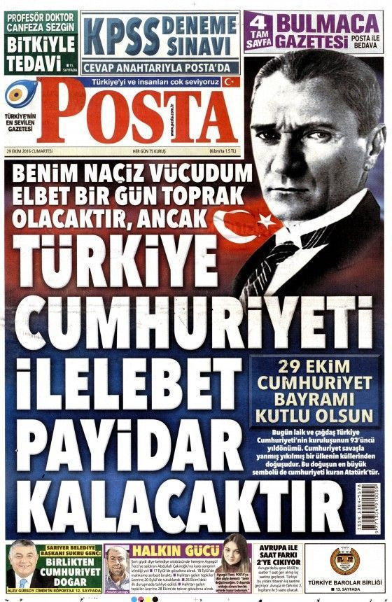 Posta, bugünkü ilk sayfasını 29 Ekim'e ayırdı!