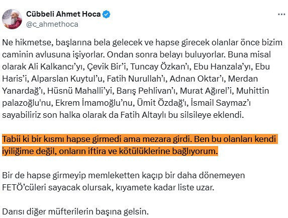 Cübbeli Ahmet'ten Fatih Altaylı paylaşımı: Bir kısmı hapse girmedi ama mezara girdi - Resim : 2