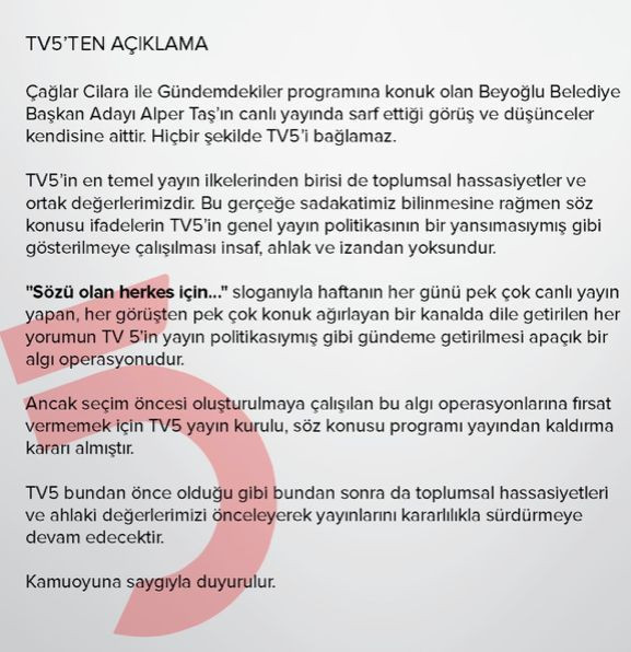 TV5'ten flaş Çağlar Cilara kararı!
