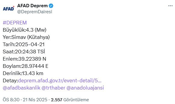 4.3 büyüklüğünde deprem oldu. AFAD açıkladı işte merkez üssü