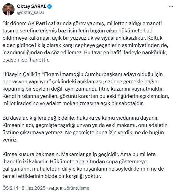 Oktay Saral'dan Hüseyin Çelik'e tepki