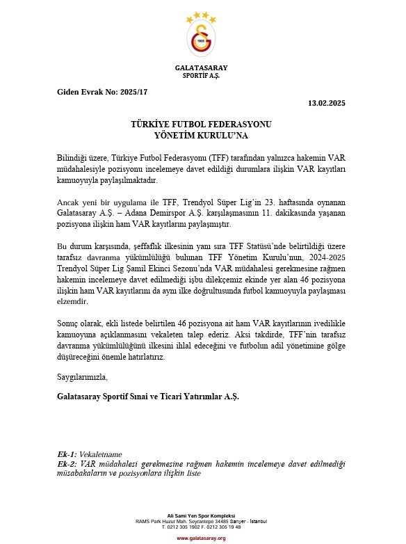 Galatasaray incelenmesini istediği maç listesini TFF'ye iletti. 46 pozisyon için resmi başvuru