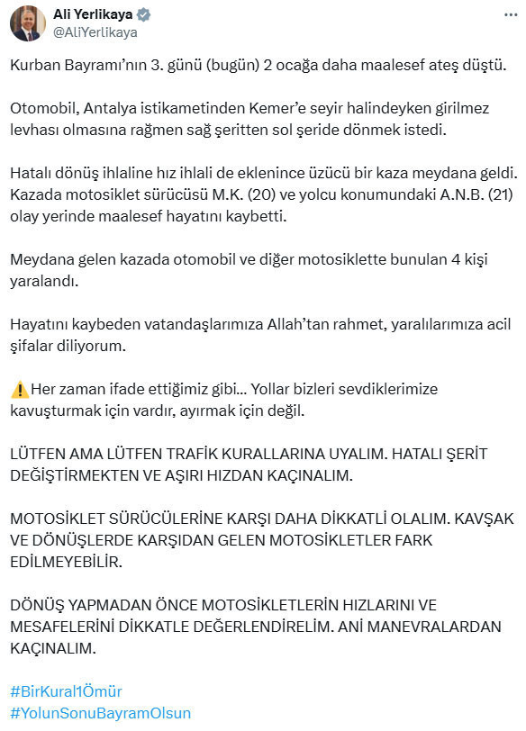 İçişleri Bakanı Ali Yerlikaya kaza anını paylaştı