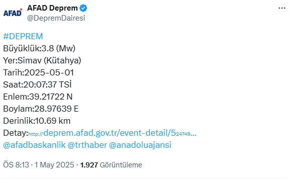Son Dakika... AFAD açıkladı! Kütahya'da deprem
