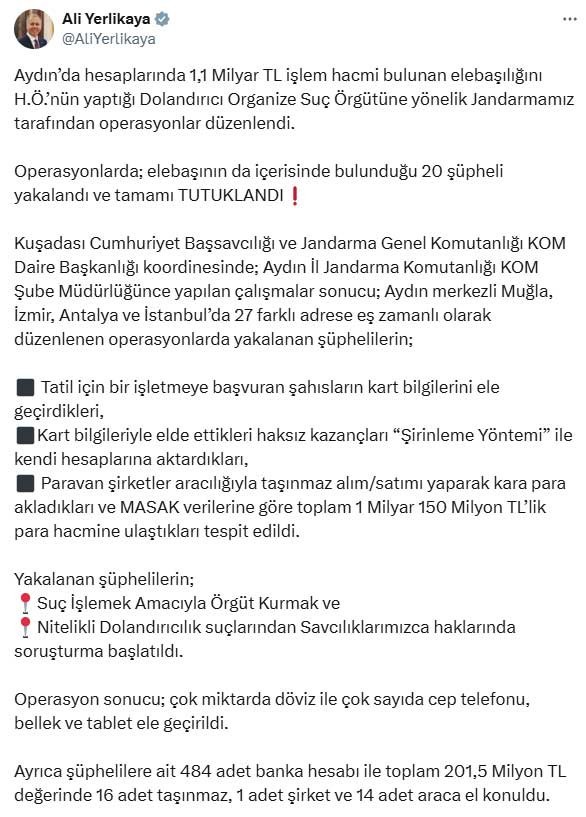 İçişleri Bakanı Ali Yerlikaya açıkladı! Organize suç örgütüne operasyon