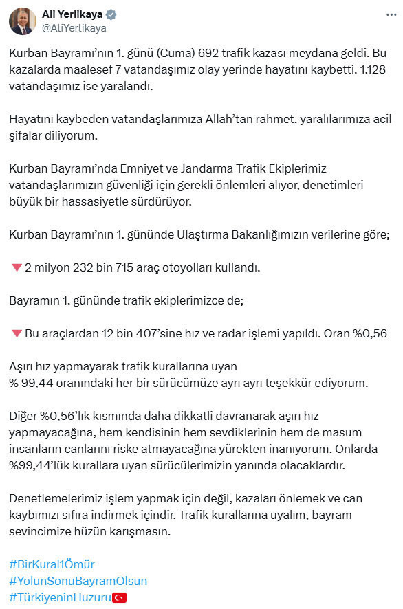 Bakan Yerlikaya acı bilançoyu açıkladı: 7 kişi öldü, 1128 kişi yaralandı
