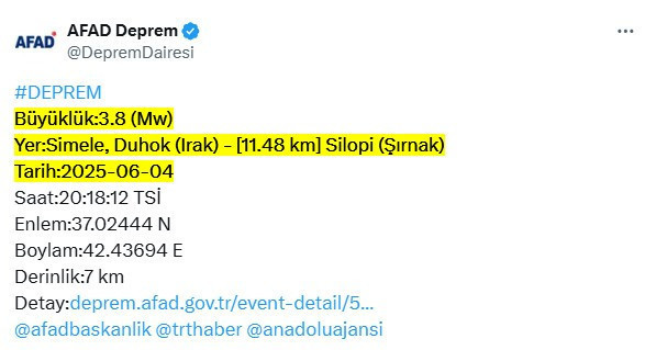 Son Dakika... Türkiye sınırında deprem. AFAD duyurdu. Şırnak'ta da hissedildi