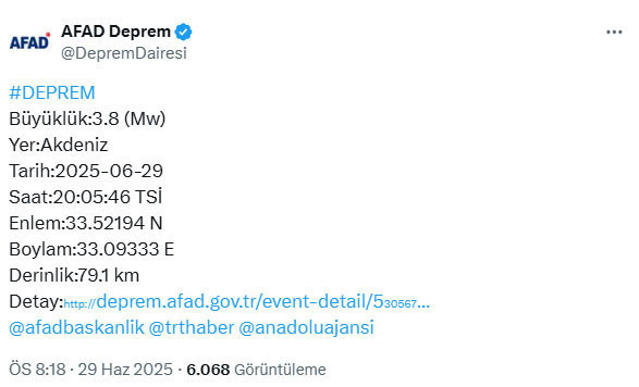 Son Dakika... Akdeniz'de deprem! AFAD açıkladı
