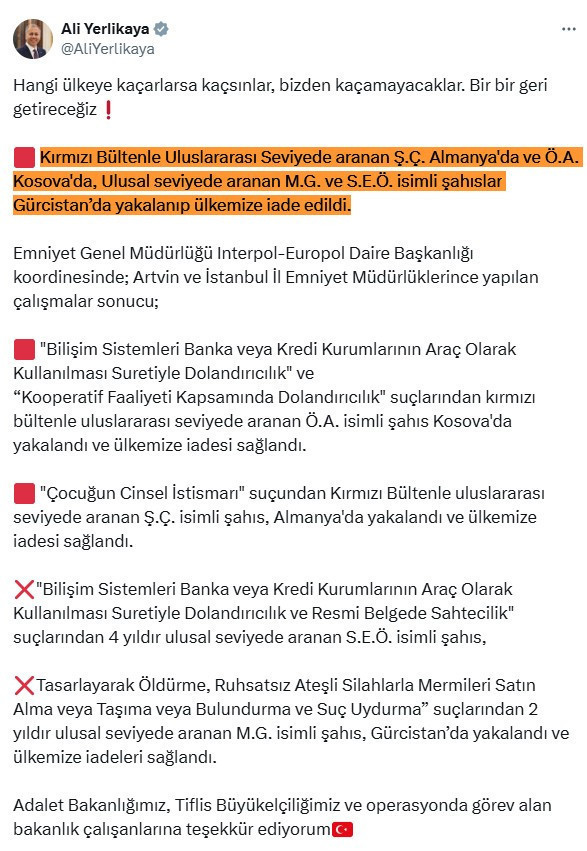 Kırmızı bültenle aranan 4 şüpheli Türkiye'ye iade edildi: Bakan Yerlikaya açıkladı - Resim : 2