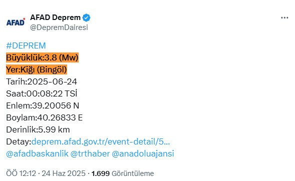 Bingöl'de 3.8 büyüklüğünde deprem! AFAD duyurdu