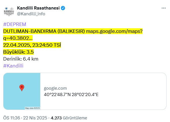 Kandilli Rasathanesi duyurdu! 3.5 büyüklüğünde deprem oldu. İşte merkez üssü