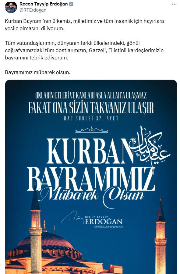 Cumhurbaşkanı Erdoğan'dan Kurban Bayramı mesajı