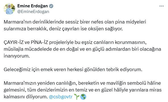 Emine Erdoğan'dan pina midyeleri ve deniz çayırları projesine ilişkin paylaşım