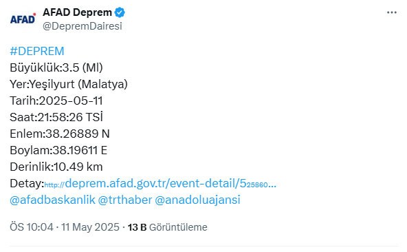 Son Dakika... AFAD açıkladı. Malatya'da deprem