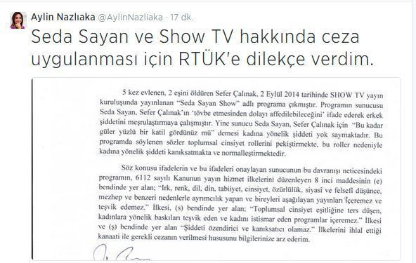 Aylin Nazlıaka, Seda Sayan ve Show TV hakkında şikayette bulundu!