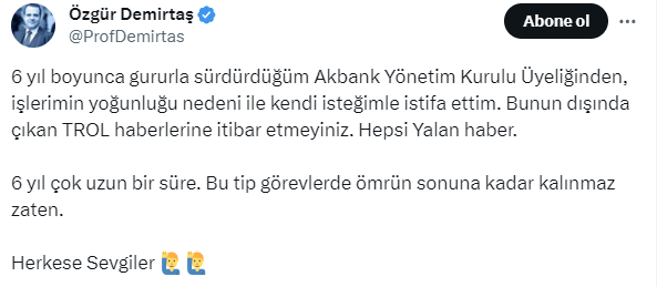 Özgür Demirtaş kovulma ve istifa iddialarına yanıt verdi. 'Bu tip görevlerde ömrünün sonuna kadar kalınmaz' diyerek duyurdu