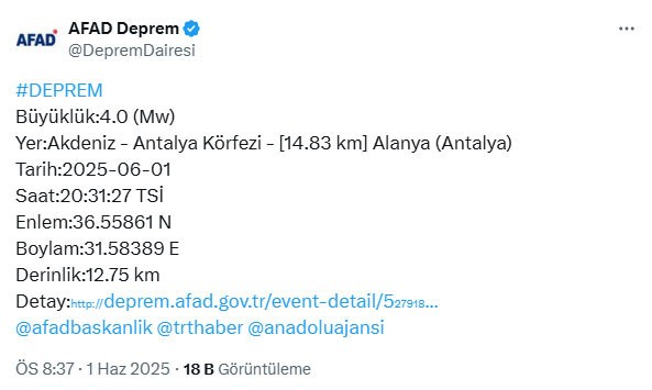Son Dakika... Alanya açıklarında deprem! AFAD duyurdu