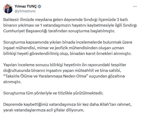 Bakan Tunç açıkladı: Müteahhit ve bina sahibi gözaltında