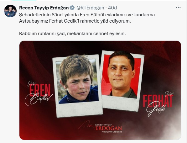 Cumhurbaşkanı Erdoğan Eren Bülbül ve Ferhat Gedik'i andı