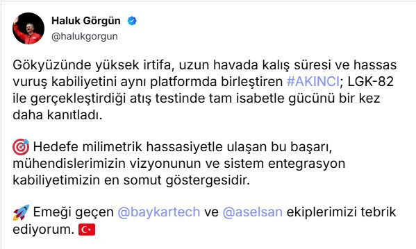 Bayraktar AKINCI'dan yerli mühimmat ile hedefe tam isabet