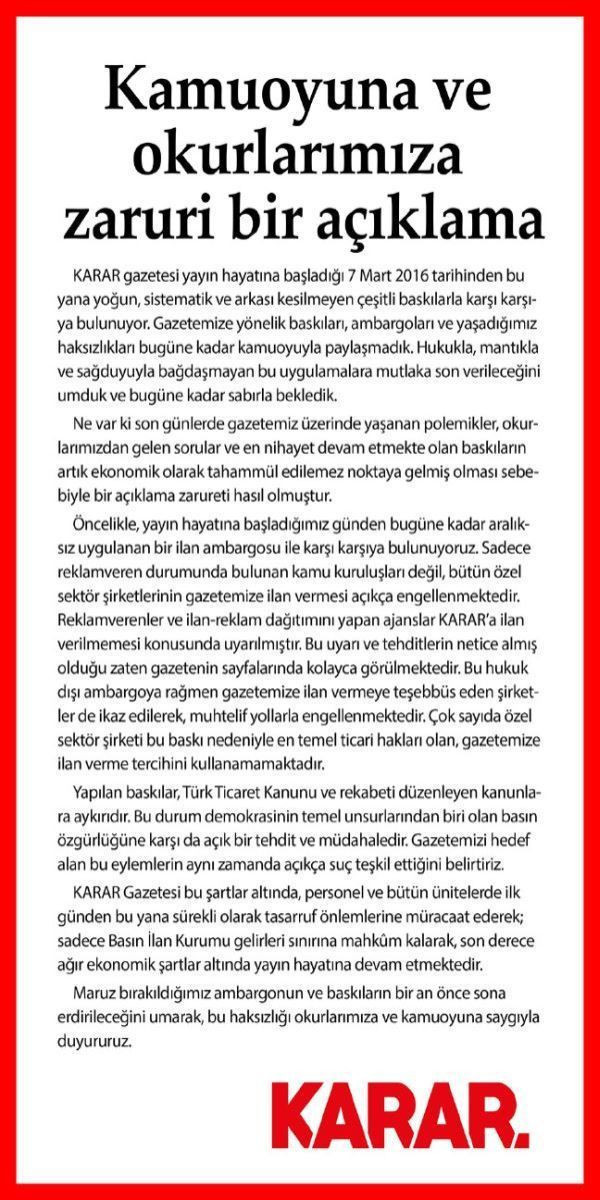 Karar Gazetesi'nden açıklama: Baskılarla karşı karşıyayız