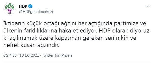 Devlet Bahçeli'nin sözlerine HDP'den yanıt geldi! Bahçeli'ye 'küçük ortak' dediler, 'kapatman gereken senin nefret kusan ağzındır' ifadelerini kullandılar...