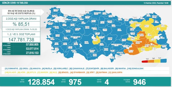 Sağlık Bakanlığı 13 Haziran Pazartesi güncel koronavirüs verilerini açıkladı. Koronavirüs nedeniyle vefatlar yaşanmaya devam ediyor