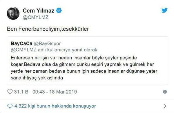 Cem Yılmaz'dan 'sana ihtiyaç yok' yorumuna Fenerbahçeli yanıt!