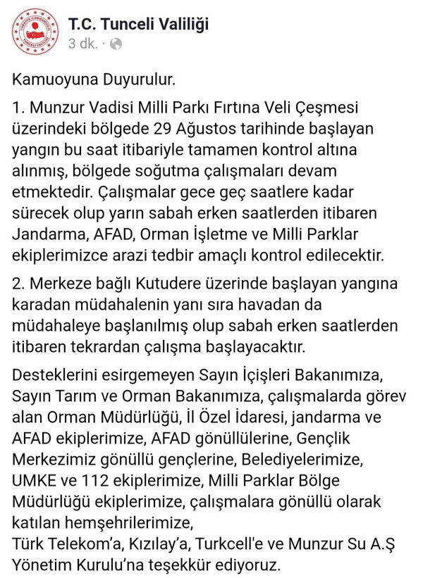 Tunceli Valiliği duyurdu: Ovacık'taki orman yangını kontrol altına alındı