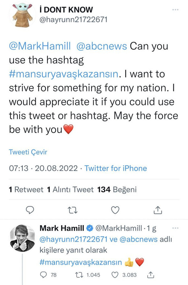 Altılı masanın Cumhurbaşkanı aday adaylarından Mansur Yavaş'a Star Wars filminin dünyaca ünlü oyuncusu Mark Hamill'den sürpriz destek - Resim : 3