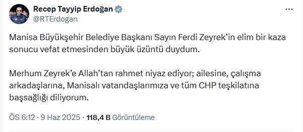 Cumhurbaşkanı Erdoğan'dan Ferdi Zeyrek için başsağlığı mesajı - Resim : 2
