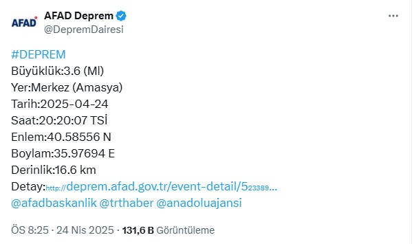 Amasya'da deprem! AFAD duyurdu
