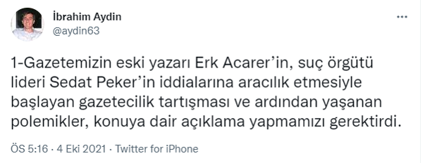 Erk Acarer, Sedat Peker'in açıklamalarını Twitter hesabından yayınlamıştı! Birgün gazetesinden yeni Erk Acarer açıklaması