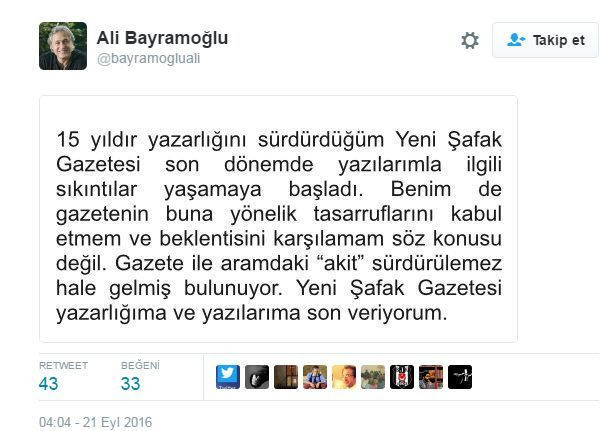 Twitter'dan duyurdu: Ali Bayramoğlu, Yeni Şafak’tan ayrıldı