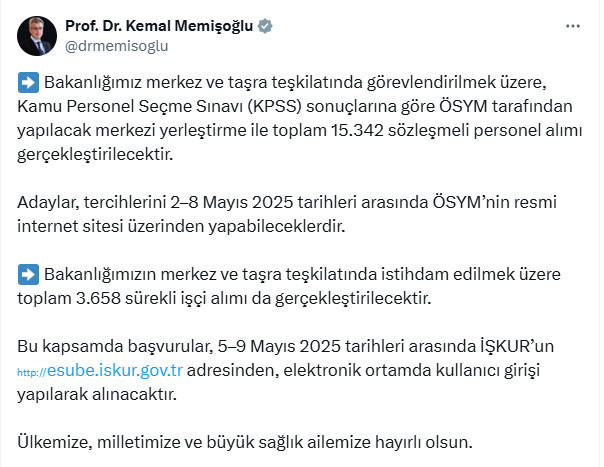 19 bin personel alımı yapılacak. Sağlık Bakanı Memişoğlu açıkladı