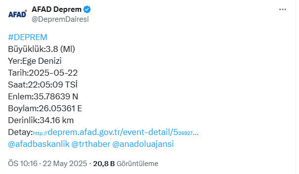 AFAD açıkladı! Ege Denizi'nde deprem