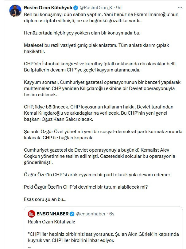 CHP İkiye Bölünecek Parti Kılıçdaroğlu'na Verilecek. Özgür Özel Yeni Parti Kuracak. Rasim Ozan Kütahyalı Bombaladı