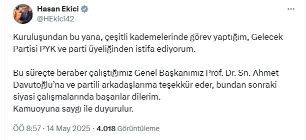 Hasan Ekici Gelecek Partisi'nden istifa etti! AK Parti'ye mi geçecek?