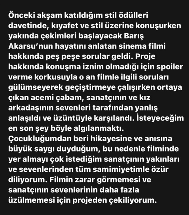 Aslı Bekiroğlu, Barış Akarsu filmi açıklaması. Aslı Bekiroğlu özür diledi, filmden çekildiğini duyurdu
